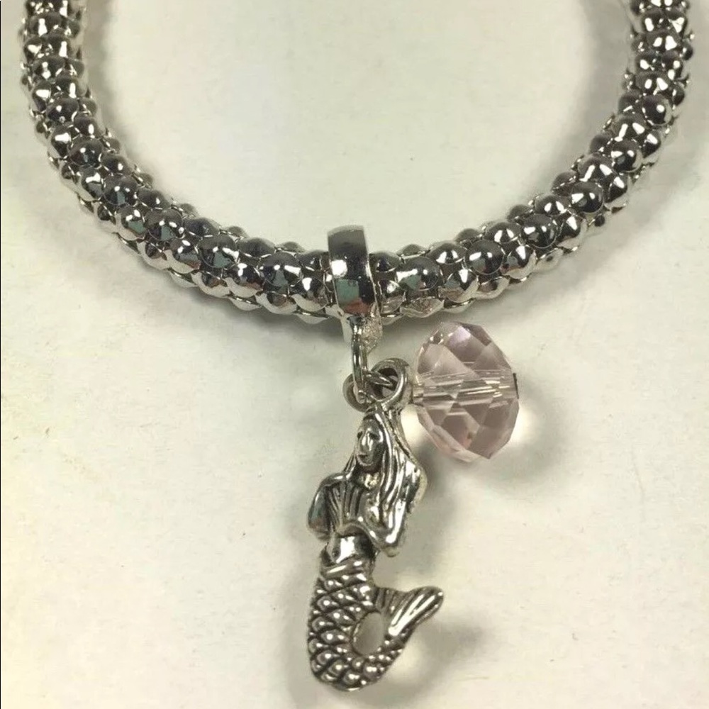Silver Mermaid Pink Ball Stretch Charm Bracelet